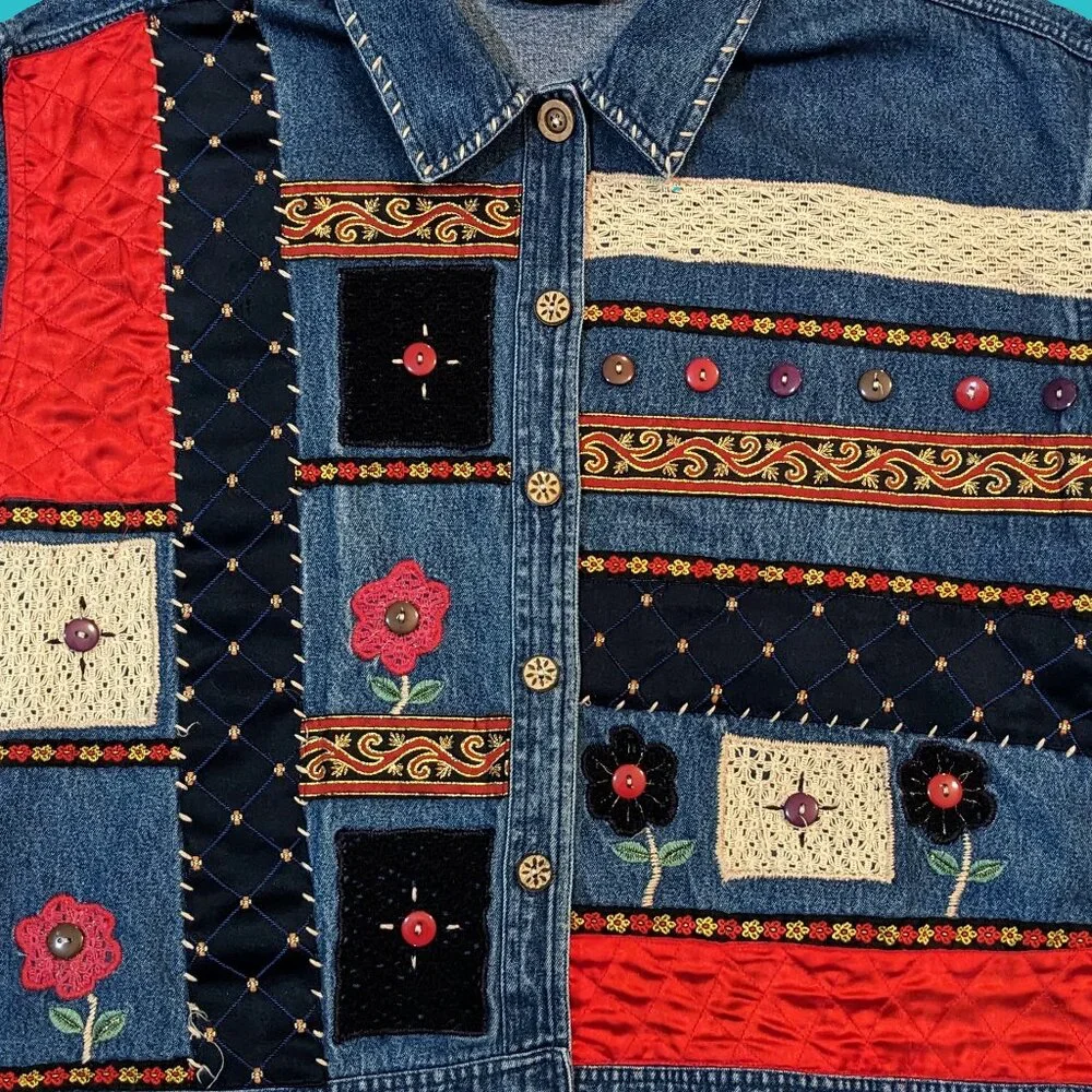 New Directions Vintage Textured Patchwork Denim Jacket Size L Preowned - Picture 2 of 6